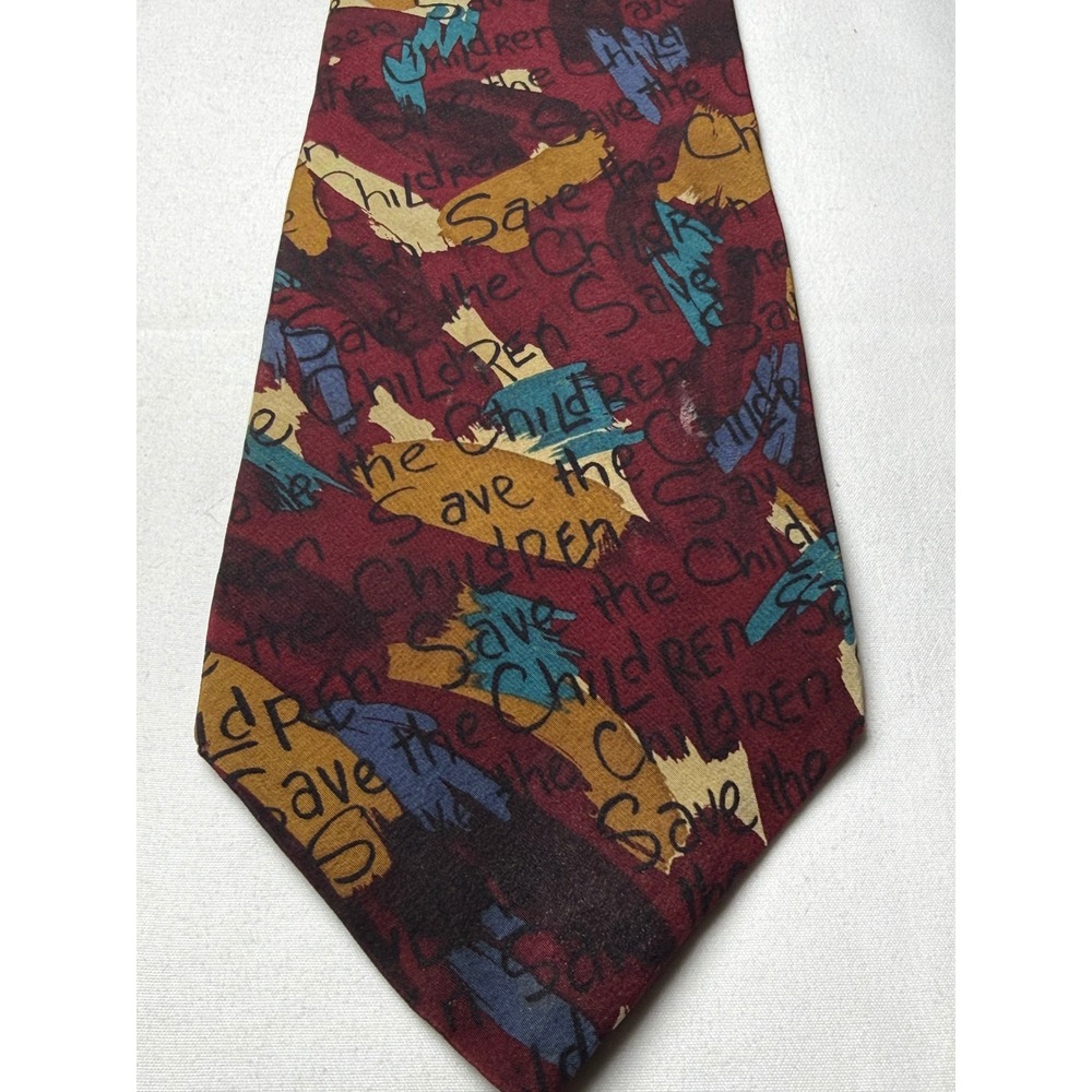 Save the Children Silk Necktie Burgundy‎ Multi Color Text Print Neck Tie